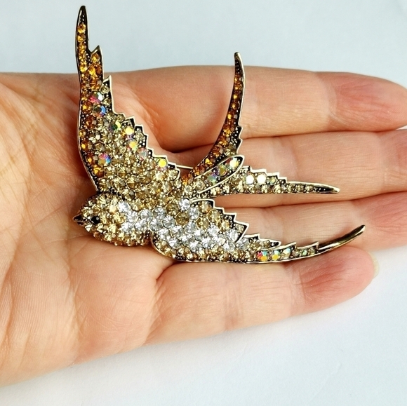 GOLDEN Crystal Swallow Bird  brooch pin - Picture 4 of 7